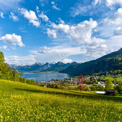 Gelb blühende Wiese im Salzkammergut mit Blick auf See, Dorf und schneebedeckte Berge unter blauem Himmel mit weißen Wolken.