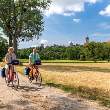 Zwei Radfahrer auf einem Schotterweg durch ein goldenes Feld mit der historischen Skyline von Bad Wimpfen im Hintergrund unter blauem Himmel.