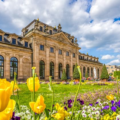 Barockes Palais mit verzierter Fassade und blühendem Garten mit gelben Tulpen und lila Blumen unter bewölktem Himmel.