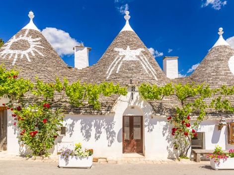 Weiße Trulli-Häuser mit konischen Steindächern und bemalten Symbolen in Alberobello, geschmückt mit Kletterpflanzen und bunten Blumen.