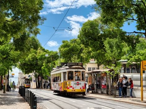 Gelbe historische Straßenbahn 28 auf baumgesäumter Straße in Lissabon mit wartenden Fahrgästen unter blauem Himmel mit weißen Wolken.
