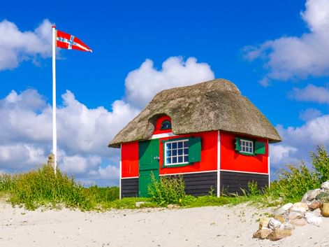 Rot-schwarzes Reetdach-Strandhäuschen mit grünen Fensterläden auf Sanddüne. Dänische Flagge an weißem Mast vor blauem Himmel auf Ærø.