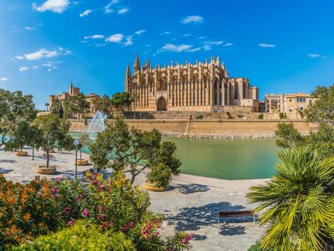 La Seu Kathedrale in Palma de Mallorca mit gotischer Architektur neben einem Teich, umgeben von bunten Gärten und Palmen unter blauem Himmel.