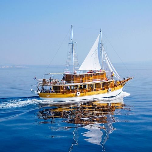 MS Planka, a wooden sailing vessel with white sails and two masts, cruising on calm blue water with distant mountains visible on the horizon.