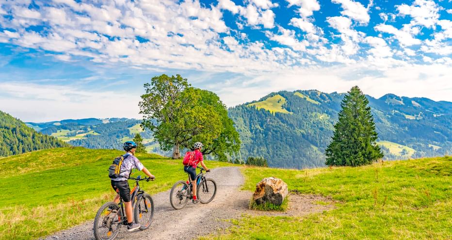 Zwei Radfahrer auf einem Schotterweg durch grüne Wiesen bei Oberstaufen. Berge und Bäume unter blauem Himmel mit weißen Wolken.